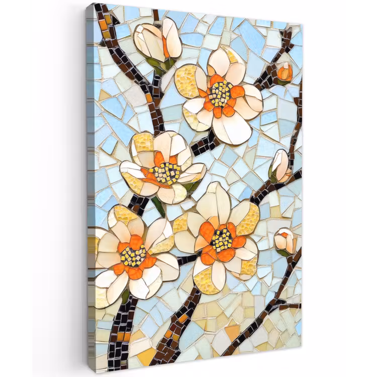 Bloesems - Wit - Mozaïek - Tak Tuinposter op houten frame 2 cm dik klein -3d