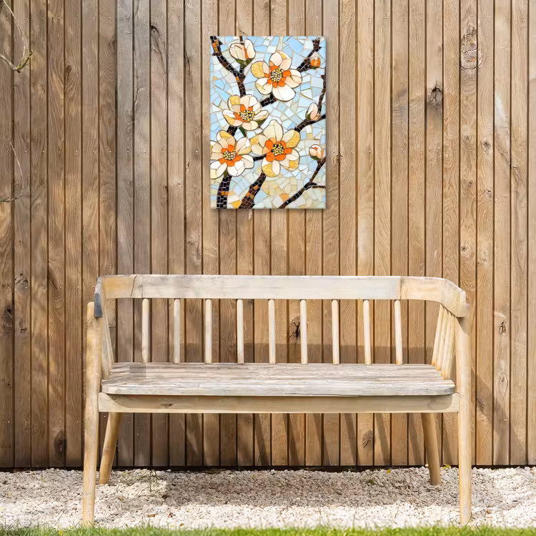 Bloesems - Wit - Mozaïek - Tak Tuinposter op houten frame 2 cm dik klein -sfeer4