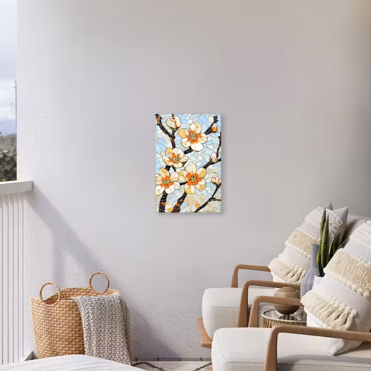 Bloesems - Wit - Mozaïek - Tak Tuinposter op houten frame 2 cm dik klein -sfeer1