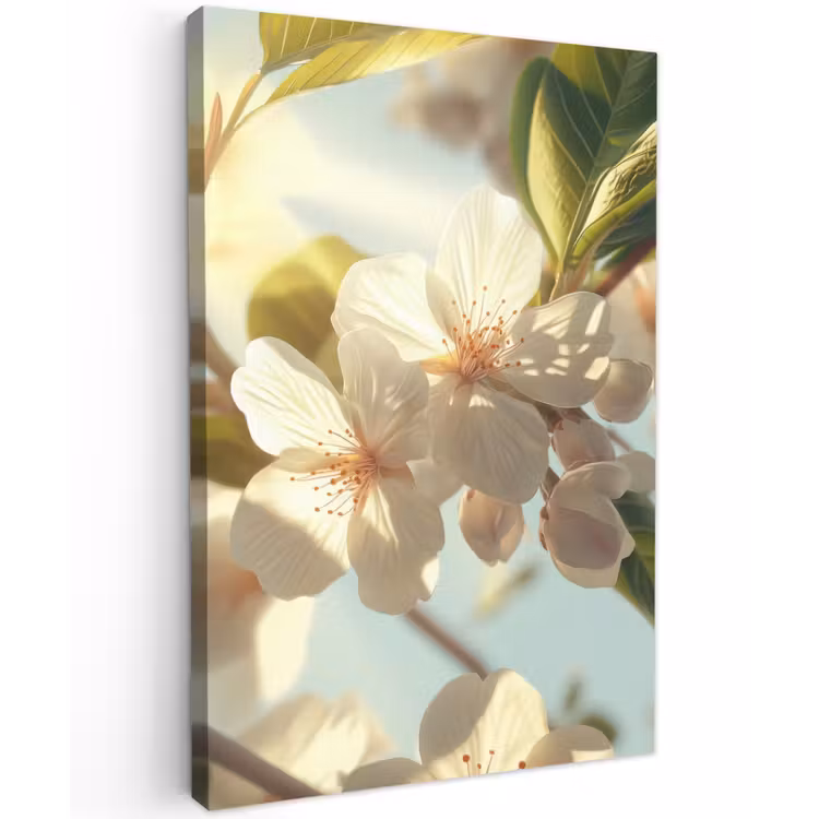 Bloesems - Wit - Zonnestralen -  Bloemblaadjes Tuinposter op houten frame 2 cm dik klein -3d