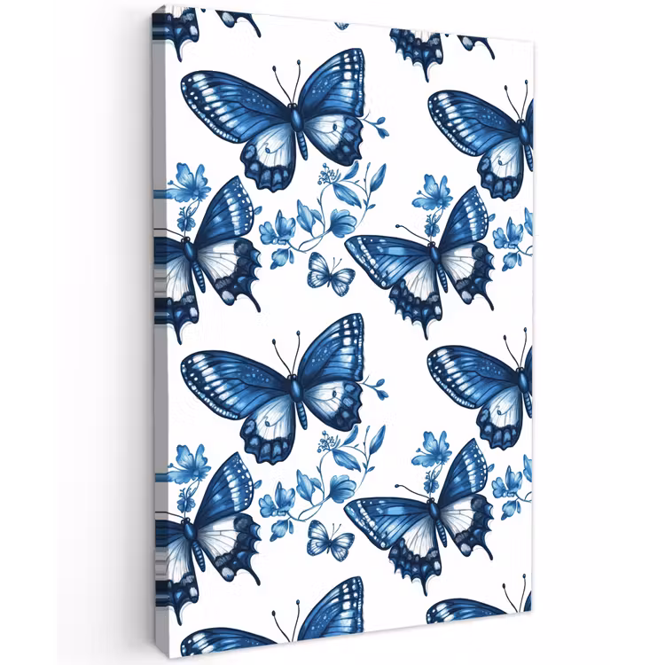 Blauw - Vlinders - Bloemen - Wit Tuinposter op houten frame 2 cm dik klein 841 -3d