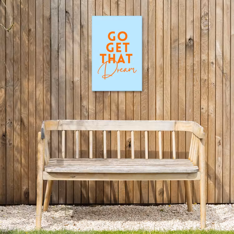 Blauw - Oranje - Tekst Tuinposter op houten frame 2 cm dik klein -sfeer4