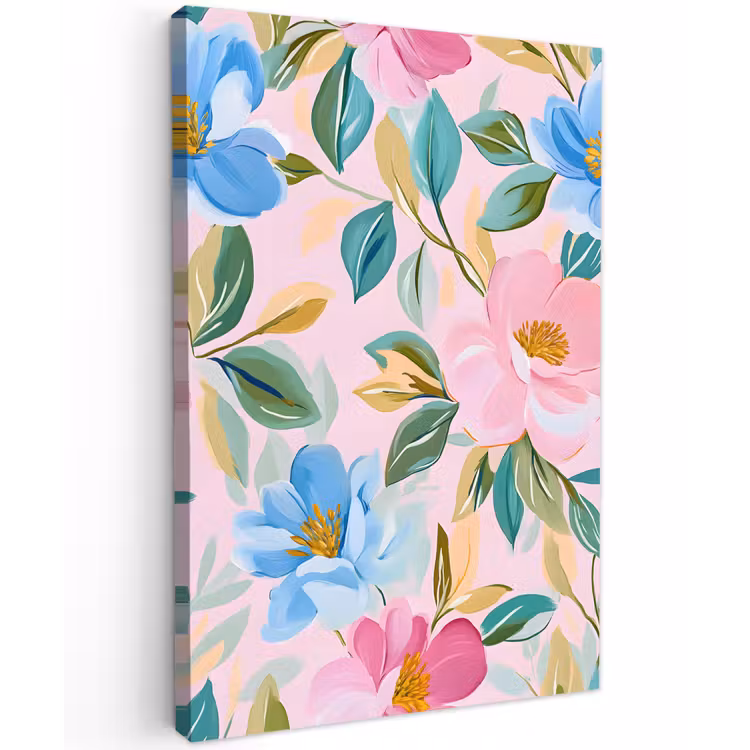 Blauw - Roze - Bloemen Tuinposter op houten frame 2 cm dik klein -3d