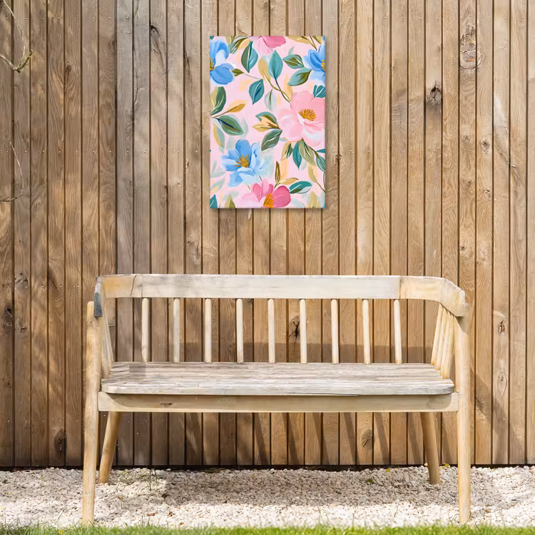 Blauw - Roze - Bloemen Tuinposter op houten frame 2 cm dik klein -sfeer4