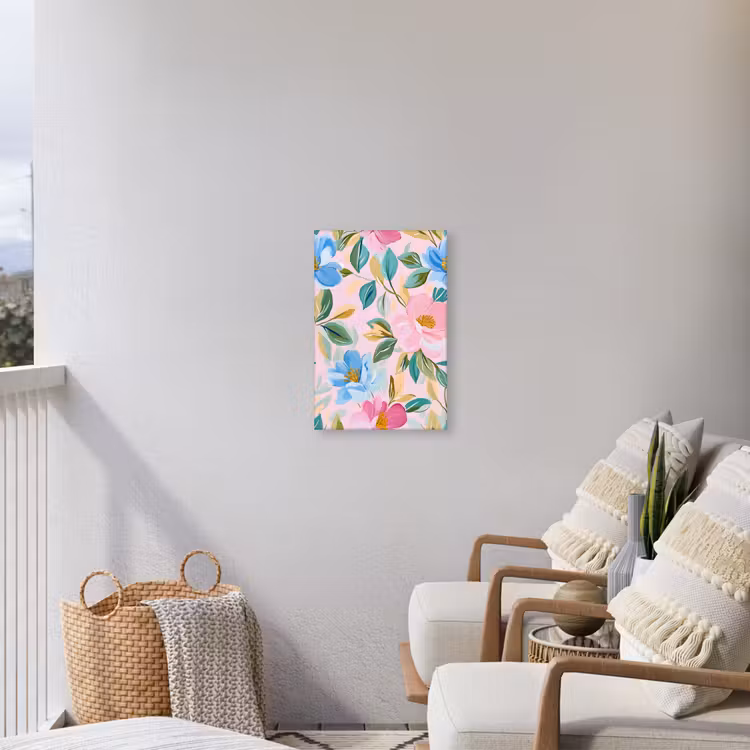 Blauw - Roze - Bloemen Tuinposter op houten frame 2 cm dik klein -sfeer1
