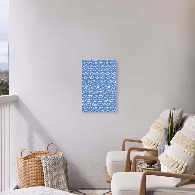 Blauw - Wit - Simpel - Getekend - Golven Tuinposter op houten frame 2 cm dik klein 841 -sfeer1