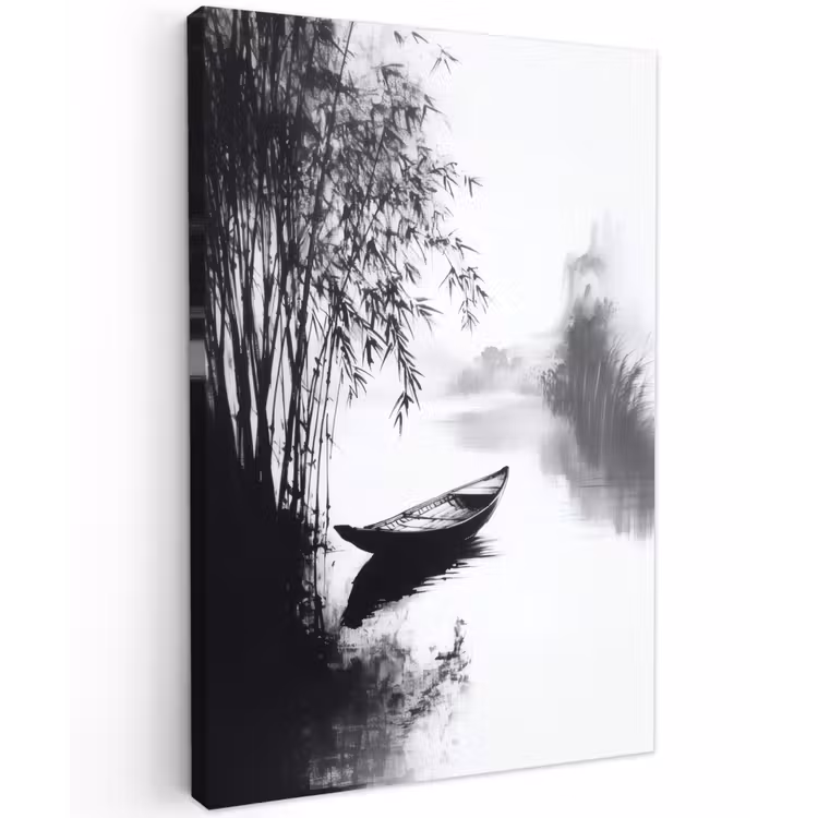 Boot - Rivier - Bamboe - Wit Tuinposter op houten frame 2 cm dik klein -3d