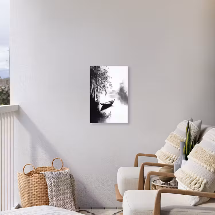 Boot - Rivier - Bamboe - Wit Tuinposter op houten frame 2 cm dik klein -sfeer1