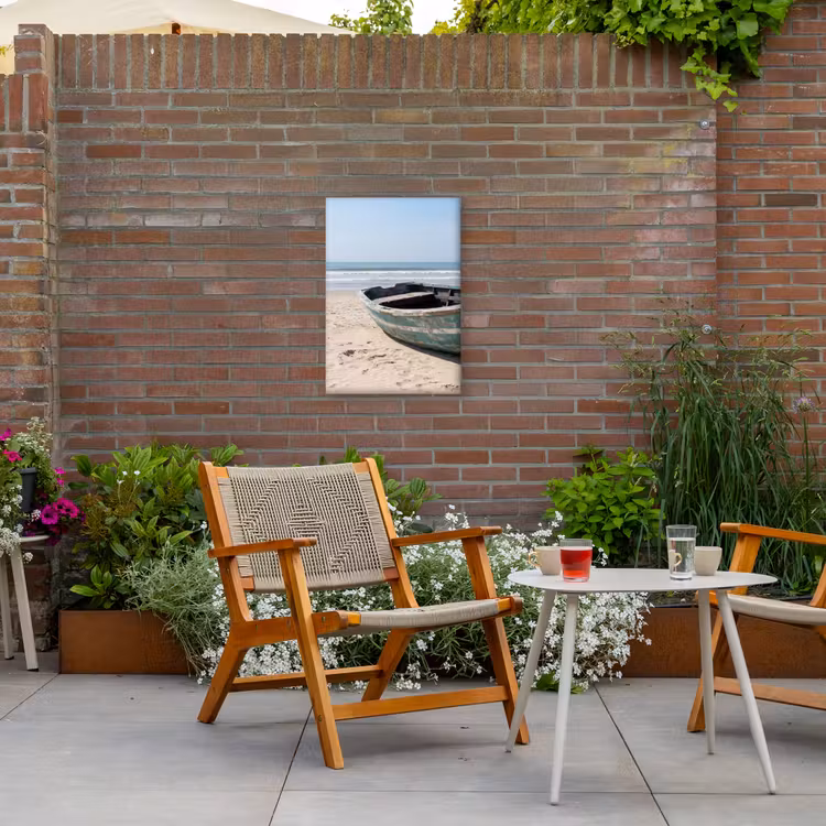 Boot - Zandstrand - Zee Tuinposter op houten frame 2 cm dik klein -sfeer3