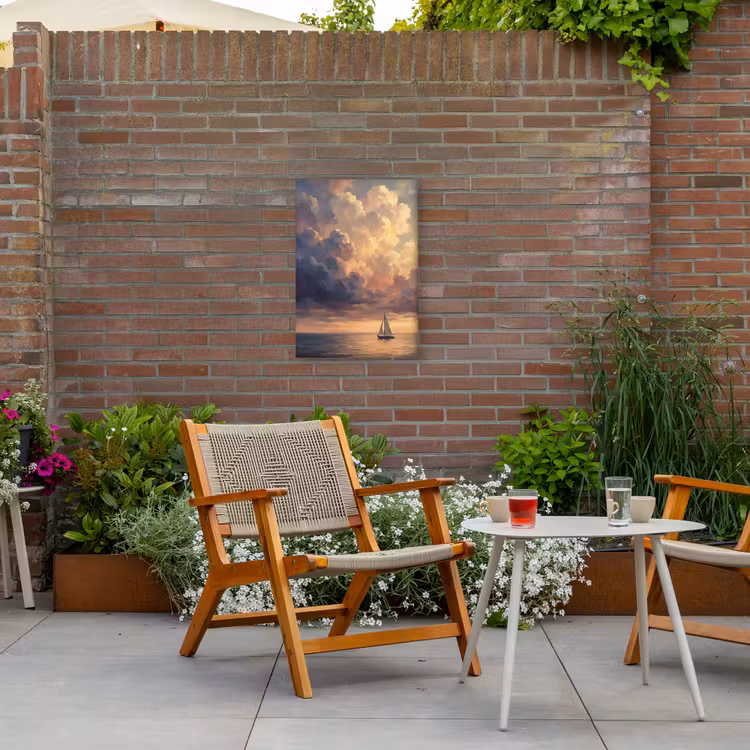 Boot - Zonsondergang - Zee - Natuur - Goud Tuinposter op houten frame 2 cm dik klein -sfeer3