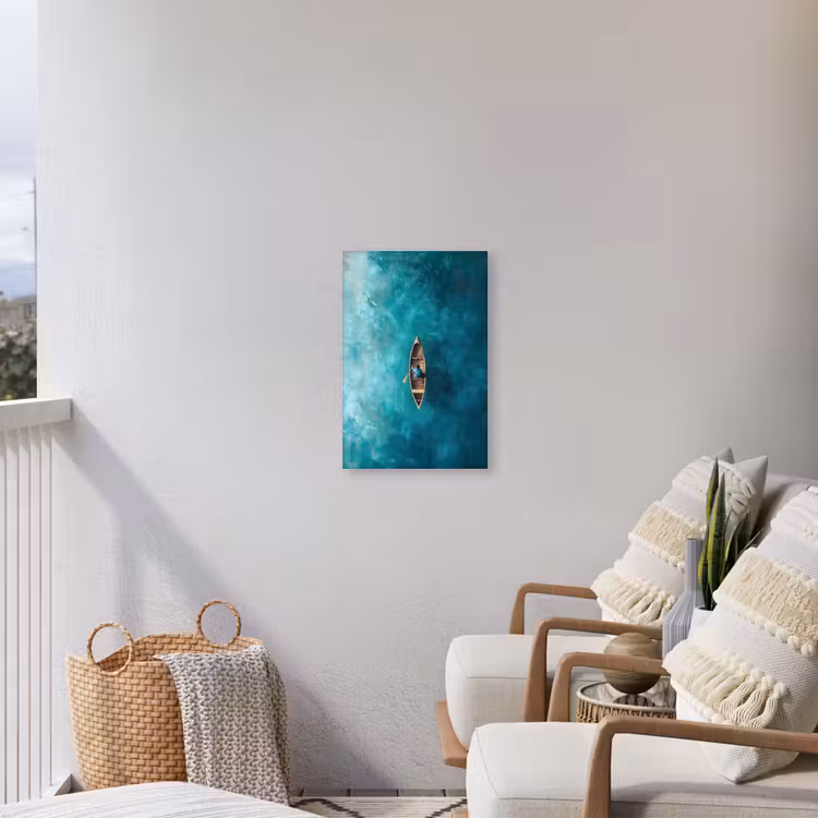 Bootje - Water - Blauw Tuinposter op houten frame 2 cm dik klein -sfeer1