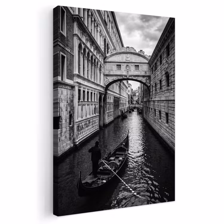 Boot - Waterweg - Stad - Zwart-wit - Architectuur Tuinposter op houten frame 2 cm dik klein -3d