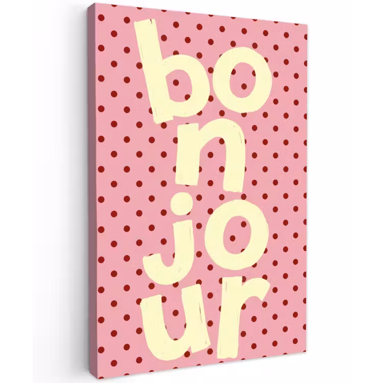 Bonjour - Stippen - Roze- Geel Tuinposter op houten frame 2 cm dik klein -3d