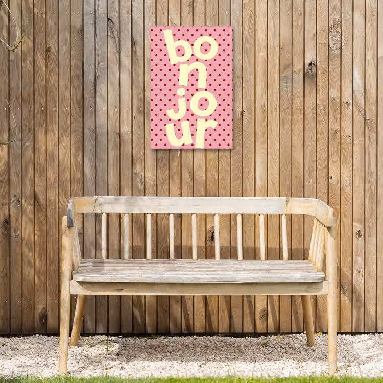 Bonjour - Stippen - Roze- Geel Tuinposter op houten frame 2 cm dik klein -sfeer4