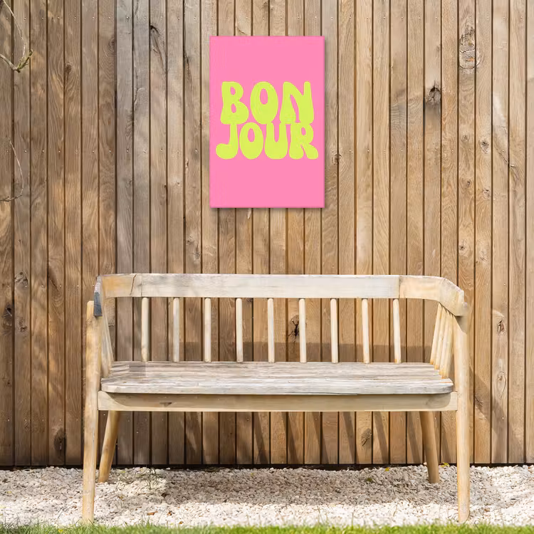 Bonjour - Roze - Fel groen Tuinposter op houten frame 2 cm dik klein -sfeer4