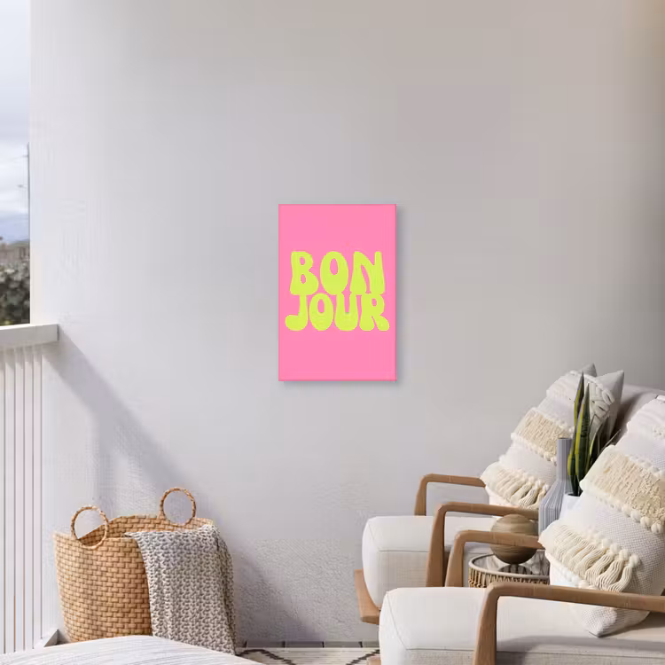 Bonjour - Roze - Fel groen Tuinposter op houten frame 2 cm dik klein -sfeer1