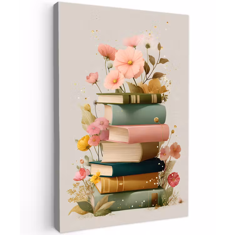 Boeken - Stapel - Bloemen - Kleurrijk Tuinposter op houten frame 2 cm dik klein -3d