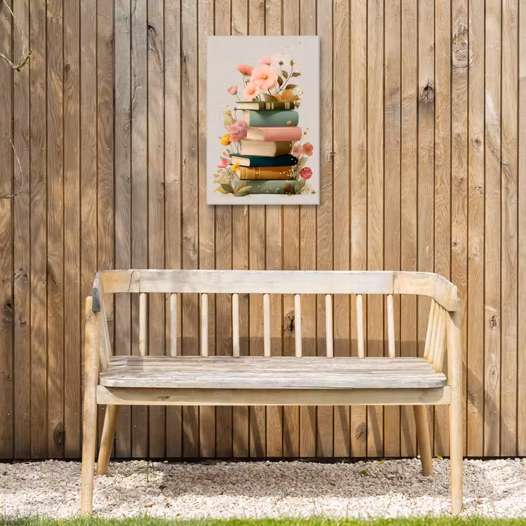 Boeken - Stapel - Bloemen - Kleurrijk Tuinposter op houten frame 2 cm dik klein -sfeer4