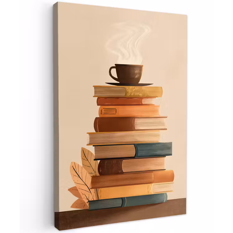 Boeken - Toren - Koffie - Beige Tuinposter op houten frame 2 cm dik klein -3d