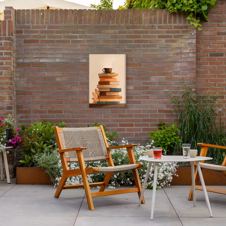 Boeken - Toren - Koffie - Beige Tuinposter op houten frame 2 cm dik klein -sfeer3