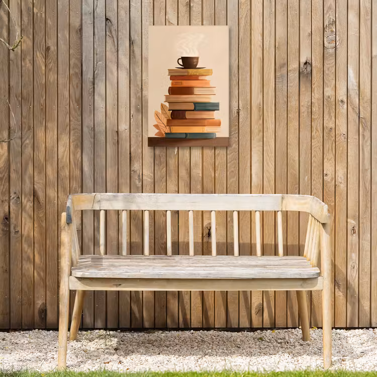 Boeken - Toren - Koffie - Beige Tuinposter op houten frame 2 cm dik klein -sfeer4