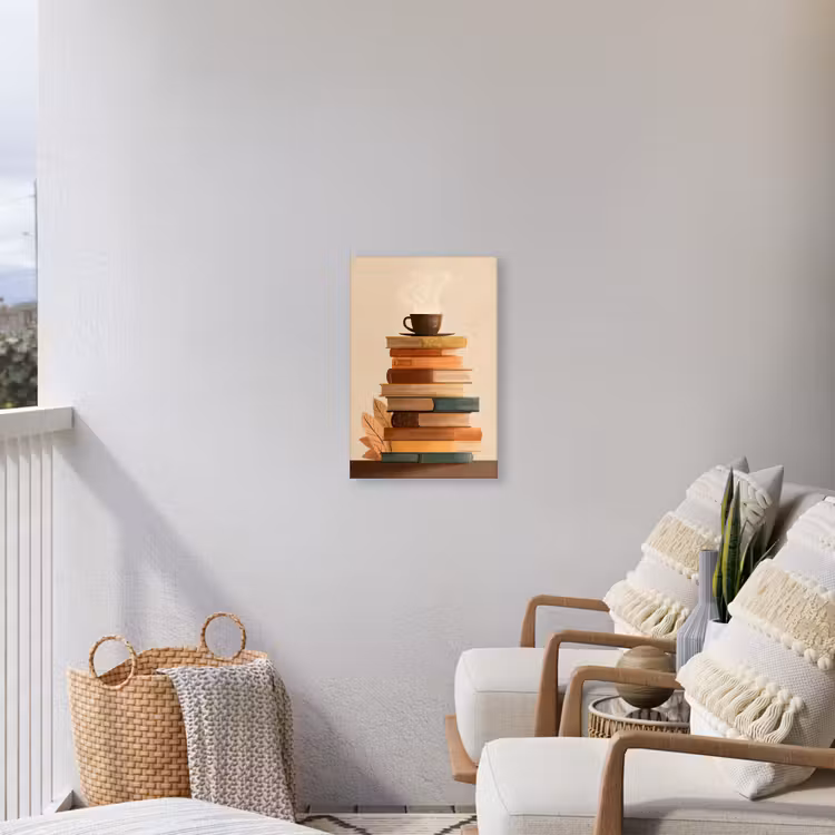 Boeken - Toren - Koffie - Beige Tuinposter op houten frame 2 cm dik klein -sfeer1