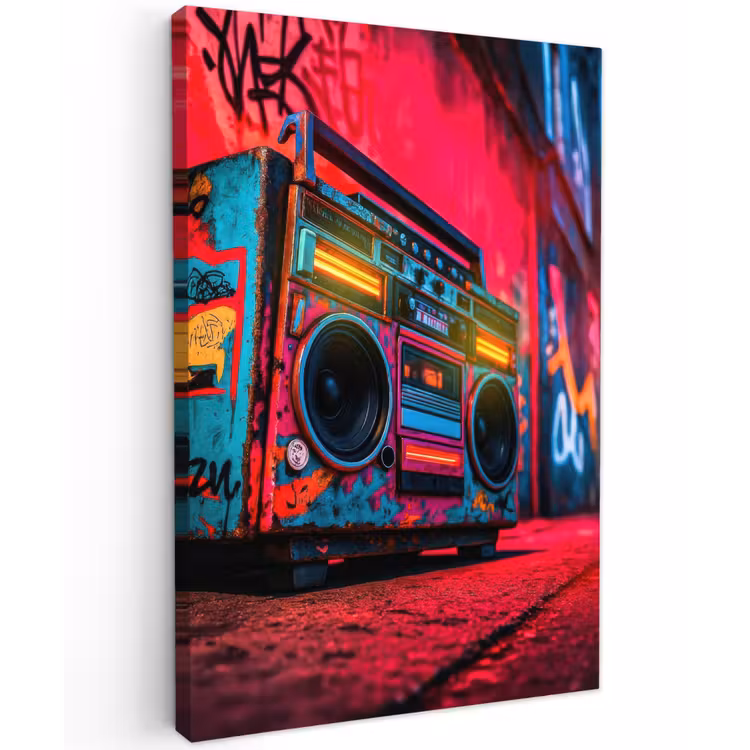 Boombox - Rood - Graffiti - Neon Tuinposter op houten frame 2 cm dik klein -3d