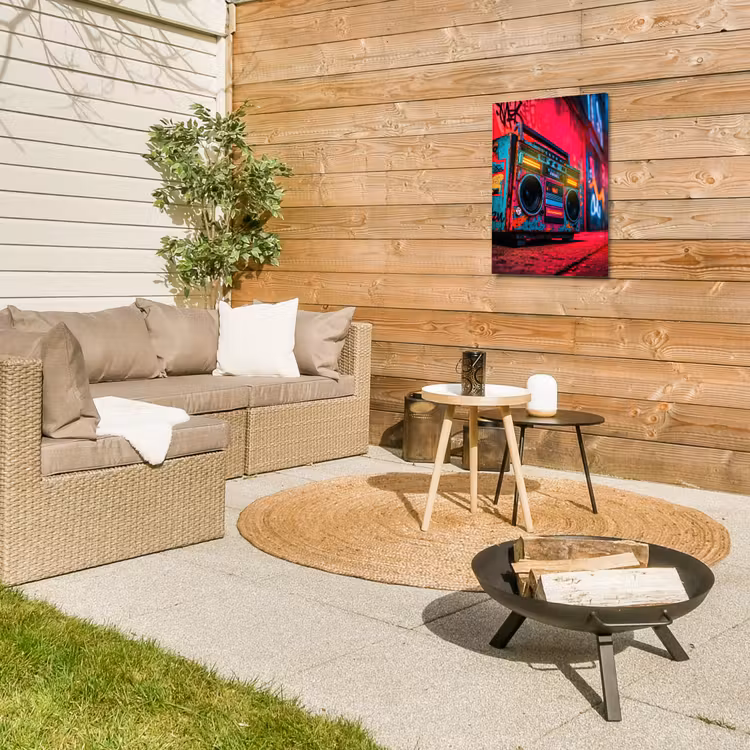 Boombox - Rood - Graffiti - Neon Tuinposter op houten frame 2 cm dik klein -sfeer2