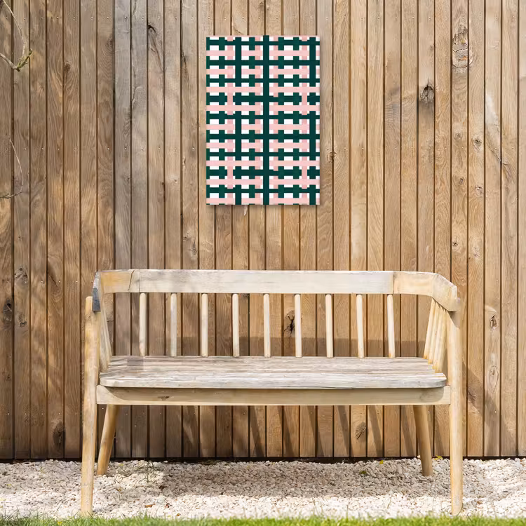 Vlechtpatroon - Groen - Roze - Grafisch Tuinposter op houten frame 2 cm dik klein 841 -sfeer4