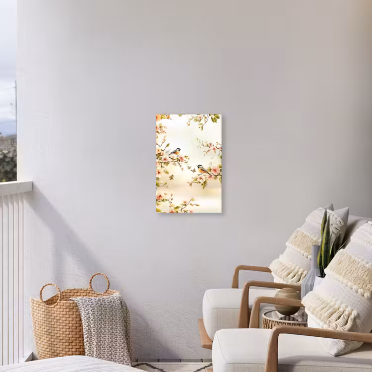 Takken - Bloemen - Vogeltjes - Roze Tuinposter op houten frame 2 cm dik klein -sfeer1