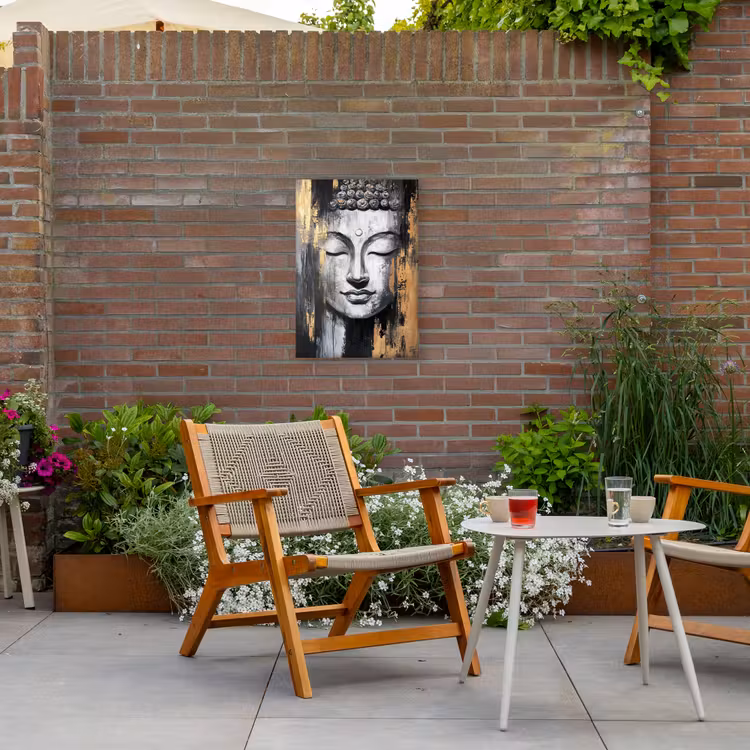 Boedhha - Penseelstreken - Goud - Abstract Tuinposter op houten frame 2 cm dik klein -sfeer3