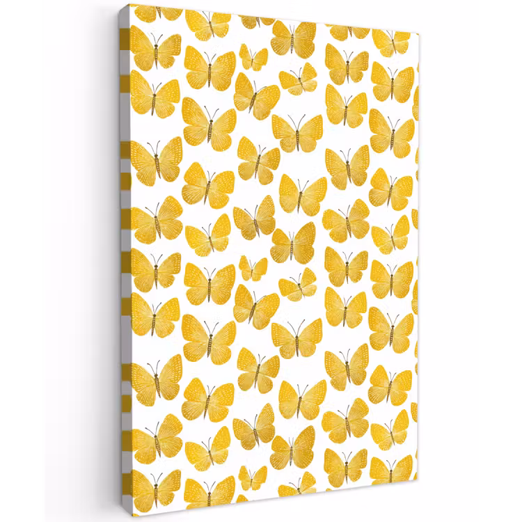 Vlinders - Botanisch - Illustratie - Geel - Wit Tuinposter op houten frame 2 cm dik klein 841 -3d