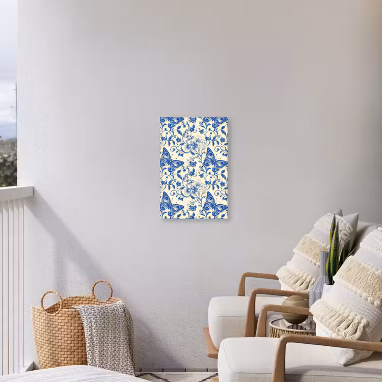 Vlinders - Bloemen - Blauw - Botanisch Tuinposter op houten frame 2 cm dik klein 841 -sfeer1