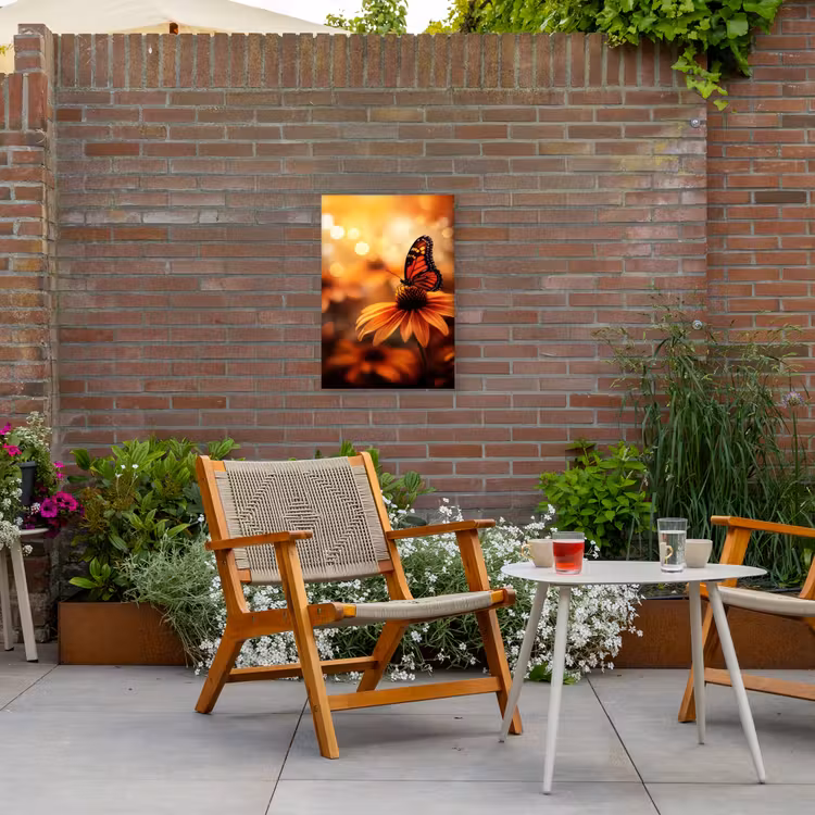 Vlinder - Bloemen - Oranje Tuinposter op houten frame 2 cm dik klein -sfeer3