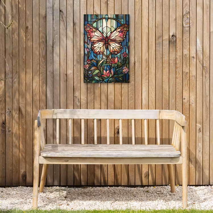 Vlinder - Roze - Bloemen - Bladeren Tuinposter op houten frame 2 cm dik klein -sfeer4