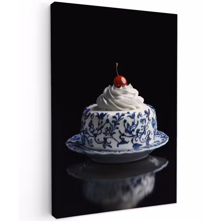 Taart - Slagroom - Kers - Bord - Delfts blauw Tuinposter op houten frame 2 cm dik klein -3d