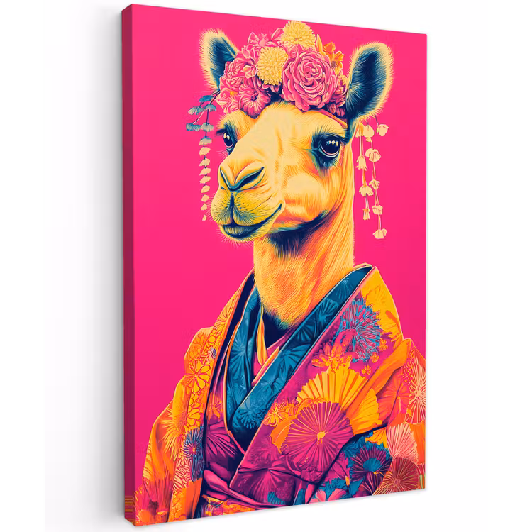 Kameel - Bloemen - Kimono - Waaiers Tuinposter op houten frame 2 cm dik klein -3d