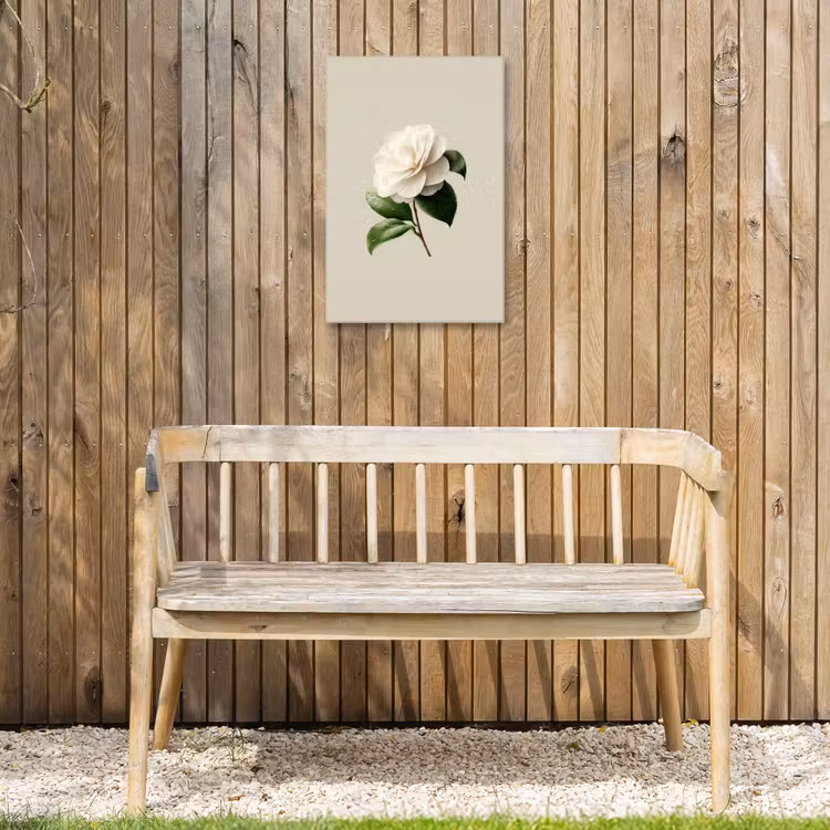 Cameliabloem - Wit - Groen Tuinposter op houten frame 2 cm dik klein -sfeer4
