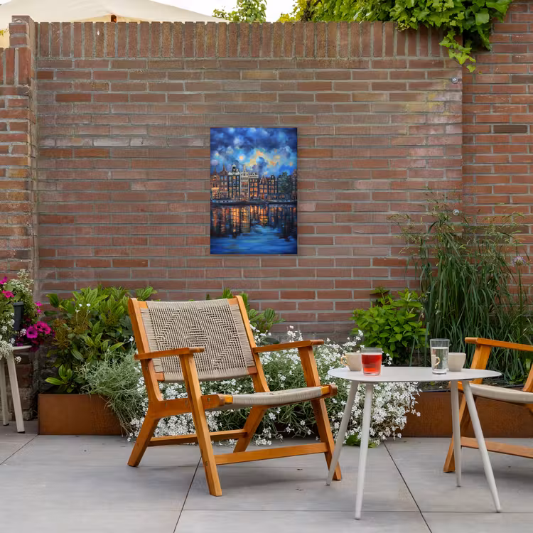 Grachten Amsterdam - Huizen - Stad - Kleurrijk Tuinposter op houten frame 2 cm dik klein -sfeer3