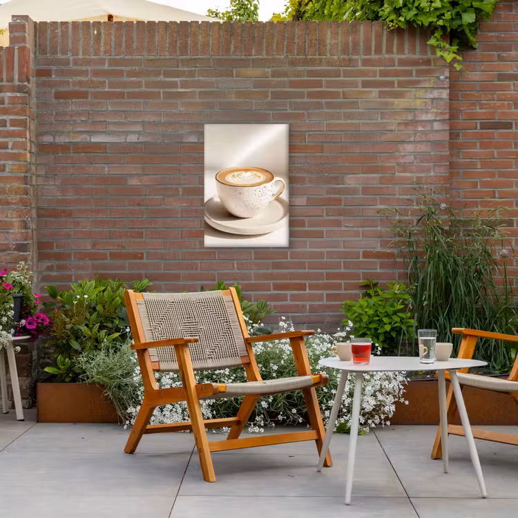 Cappuccino - Schuim - Schotel - Beige Tuinposter op houten frame 2 cm dik klein -sfeer3