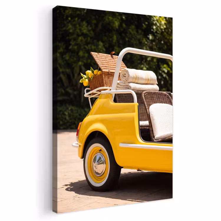 Auto - Picknick - Zomer - Geel Tuinposter op houten frame 2 cm dik klein -3d