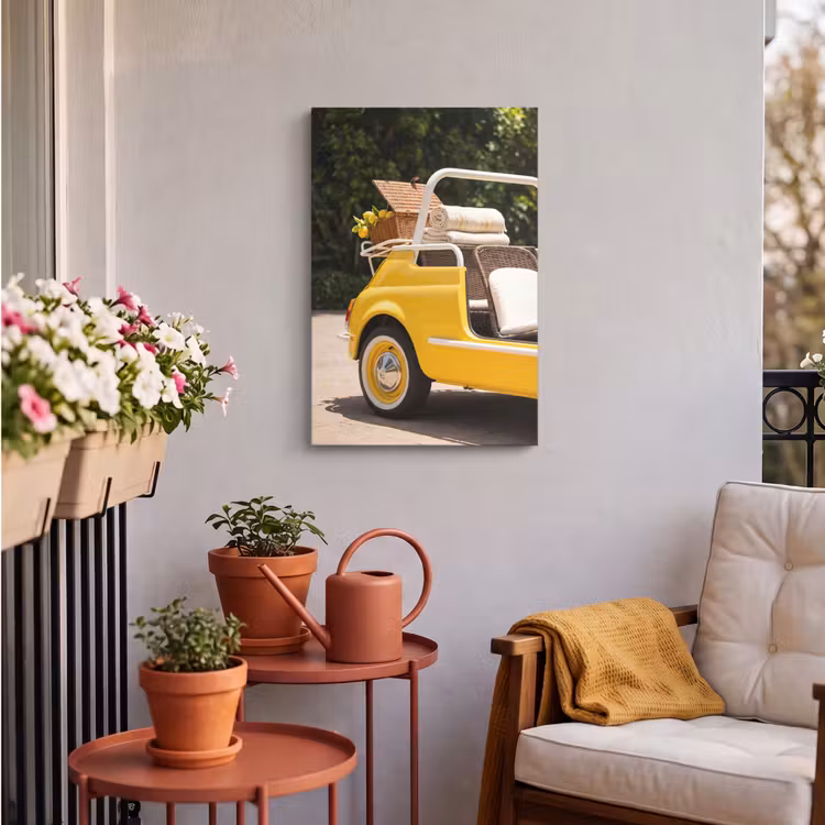 Auto - Picknick - Zomer - Geel Tuinposter op houten frame 2 cm dik klein -sfeer1