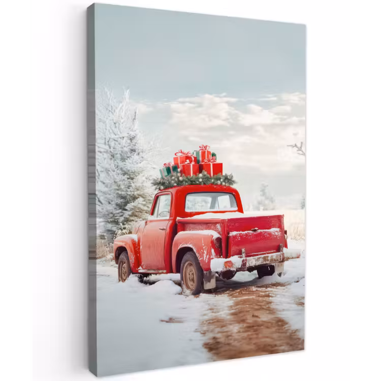 Auto - Rood - Cadeaus - Winter - Sneeuw - Kerst Tuinposter op houten frame 2 cm dik klein -3d
