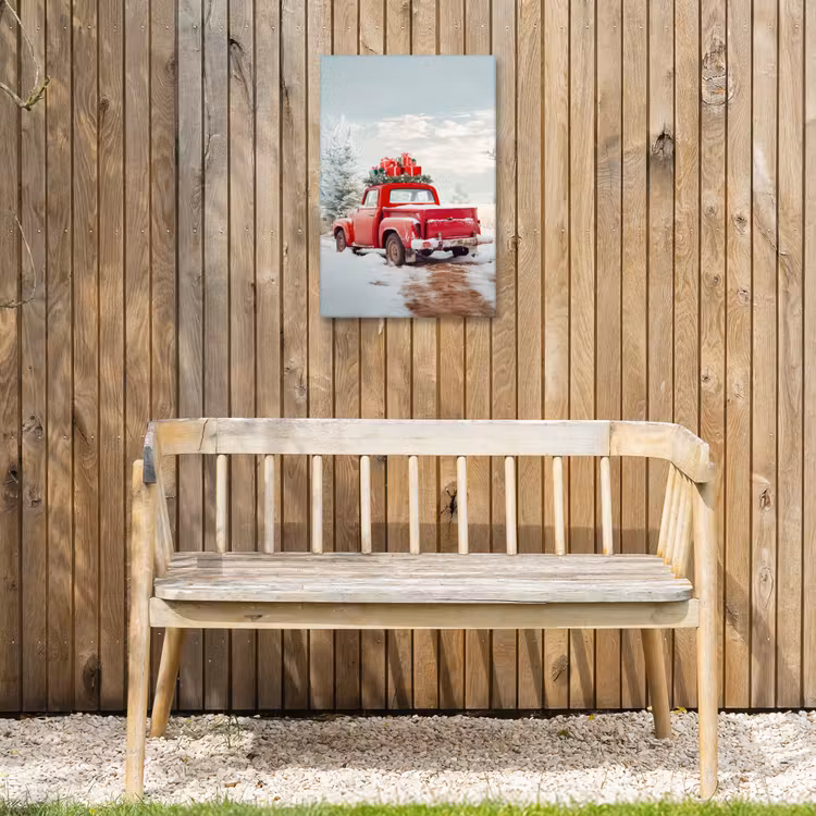 Auto - Rood - Cadeaus - Winter - Sneeuw - Kerst Tuinposter op houten frame 2 cm dik klein -sfeer4