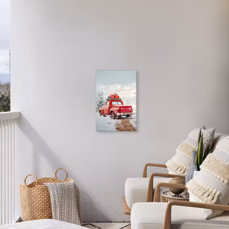 Auto - Rood - Cadeaus - Winter - Sneeuw - Kerst Tuinposter op houten frame 2 cm dik klein -sfeer1