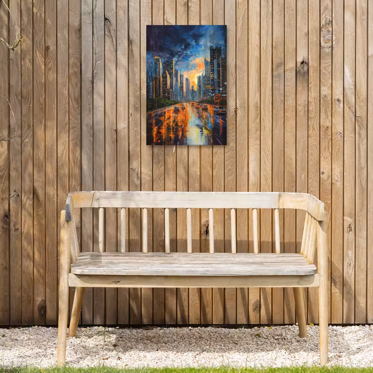 Auto - Skyline - Zon - Blauw Tuinposter op houten frame 2 cm dik klein -sfeer4