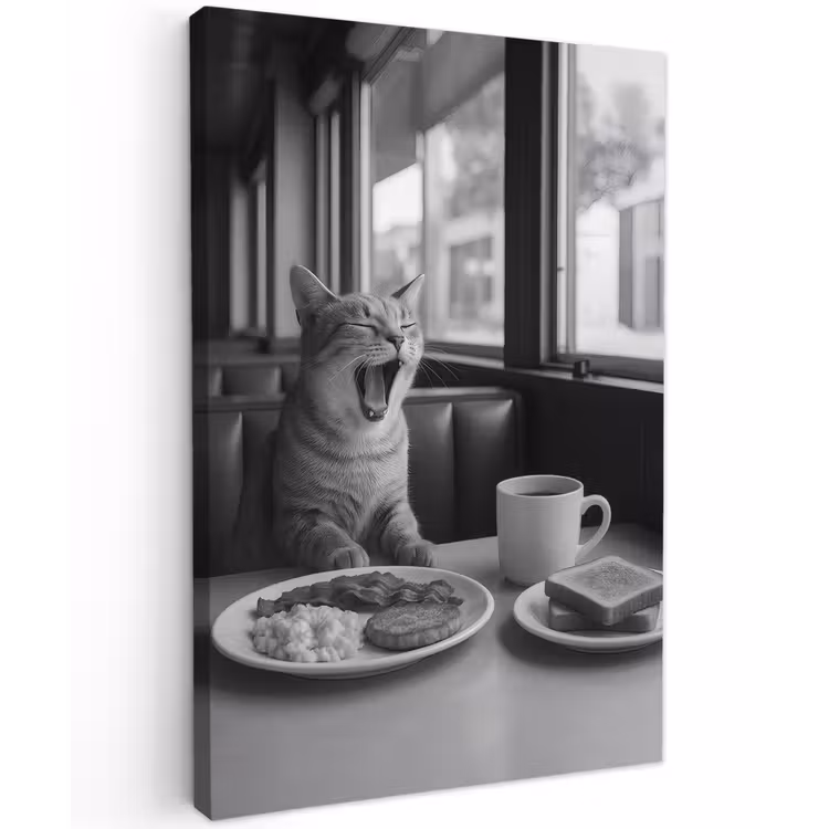 Kat - Koffie - Brood - Zwart Tuinposter op houten frame 2 cm dik klein -3d