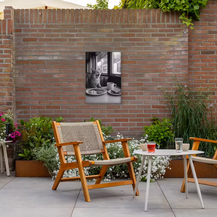 Kat - Koffie - Brood - Zwart Tuinposter op houten frame 2 cm dik klein -sfeer3