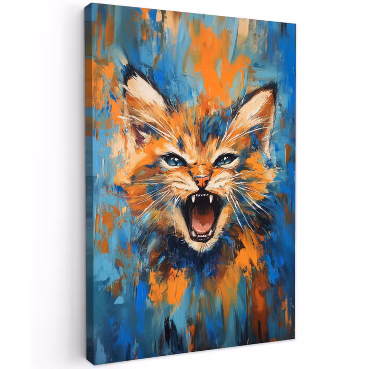 Kat - Kleurrijk - Oranje - Blauw Tuinposter op houten frame 2 cm dik klein -3d