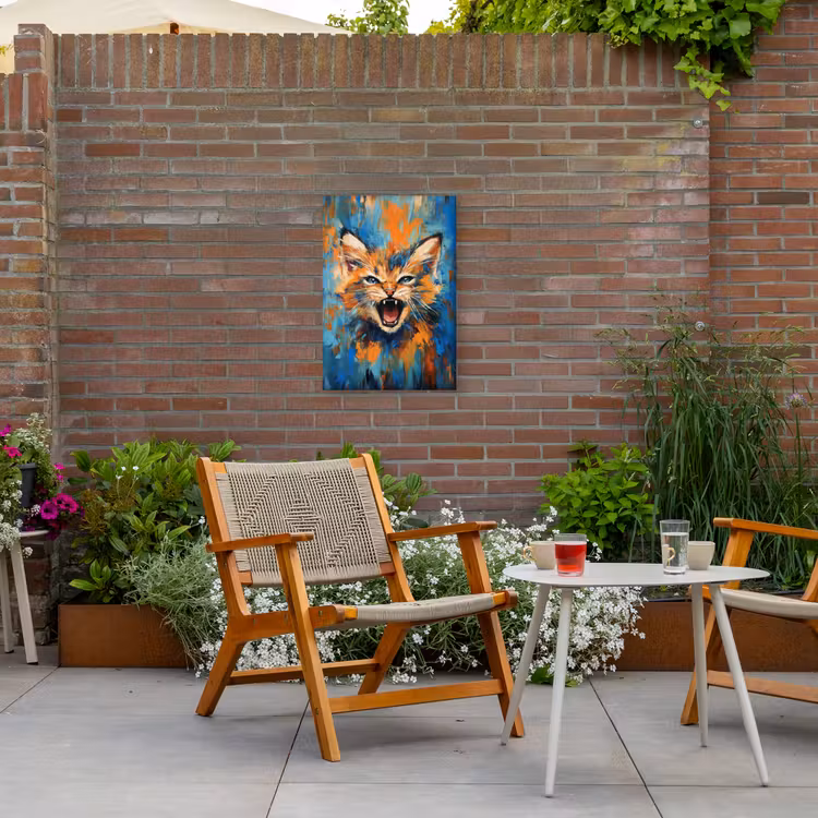 Kat - Kleurrijk - Oranje - Blauw Tuinposter op houten frame 2 cm dik klein -sfeer3